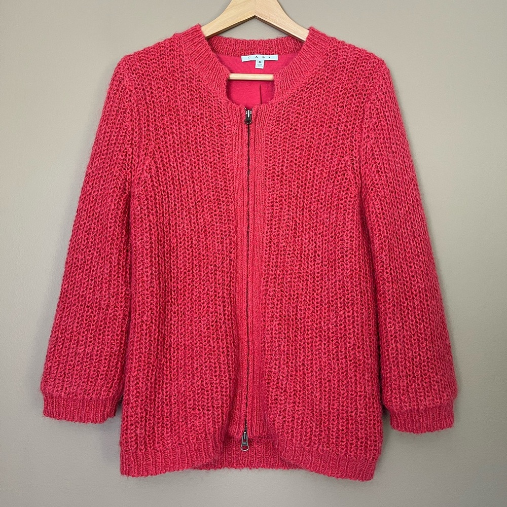 {Cabi} Mohair & Wool Blend Chunky Knit Zip Bomber Cardigan Sweater in Cranberry
